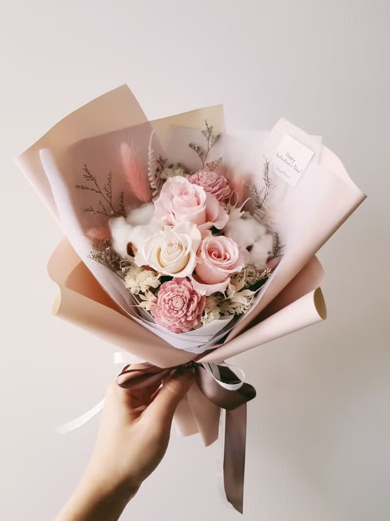 情人節|永生花+乾燥花│粉白玫瑰永生花花束│乾燥花│