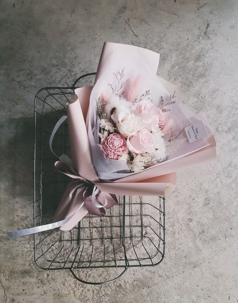 情人節|永生花+乾燥花│粉白玫瑰永生花花束│乾燥花│