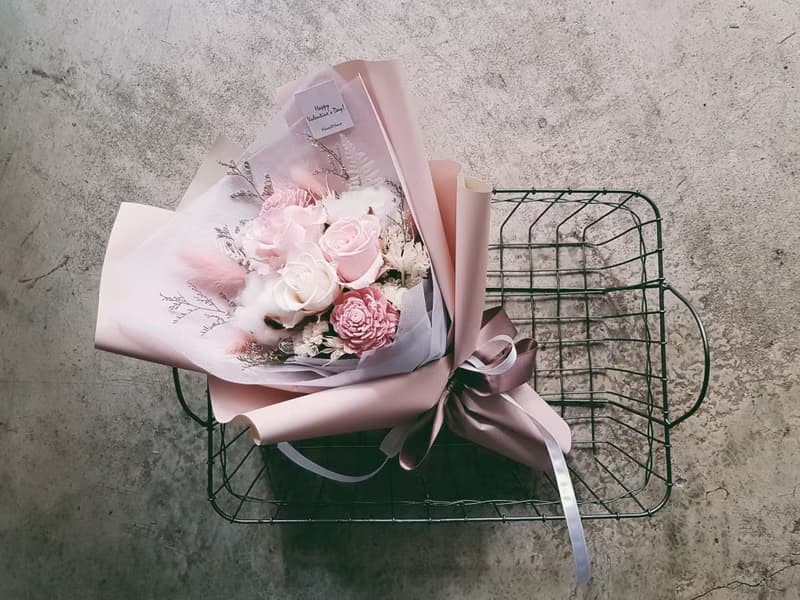 情人節|永生花+乾燥花│粉白玫瑰永生花花束│乾燥花│