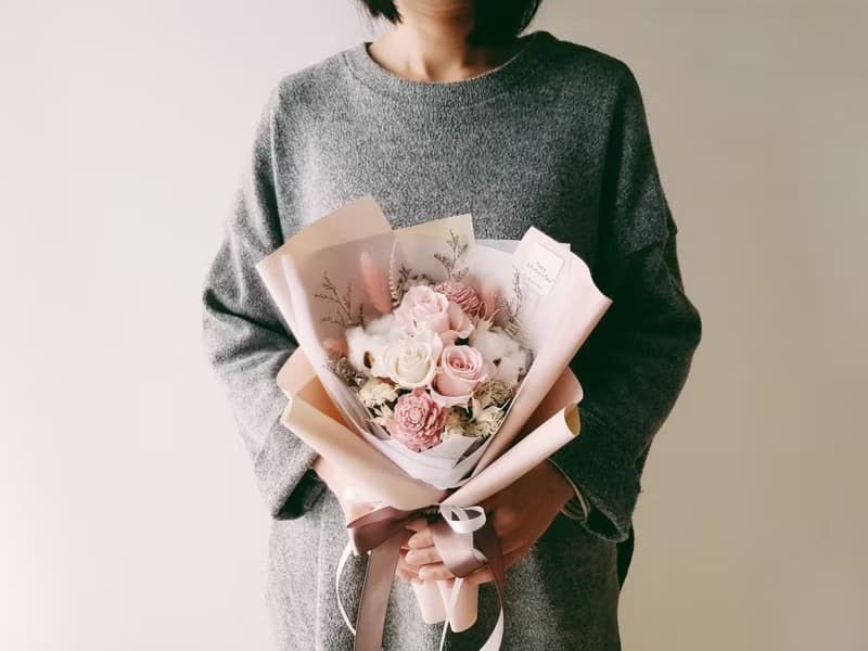 情人節|永生花+乾燥花│粉白玫瑰永生花花束│乾燥花│