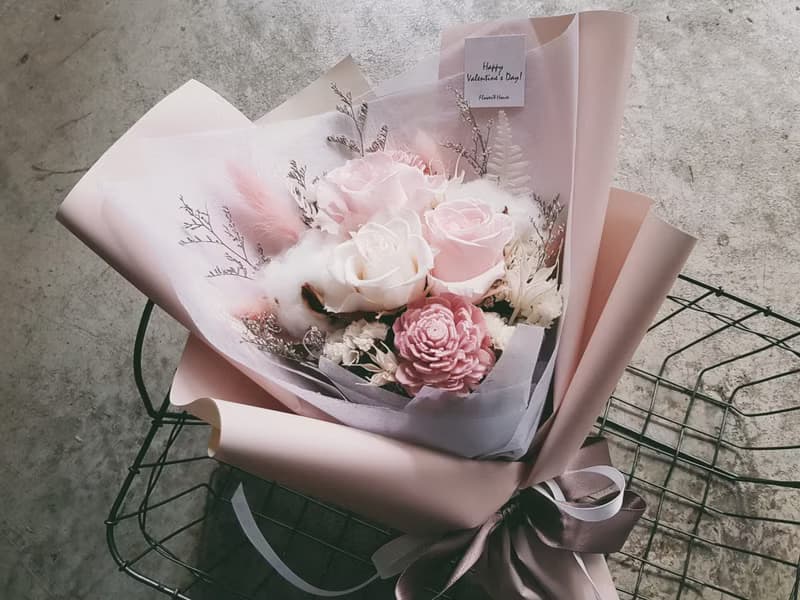 情人節|永生花+乾燥花│粉白玫瑰永生花花束│乾燥花│