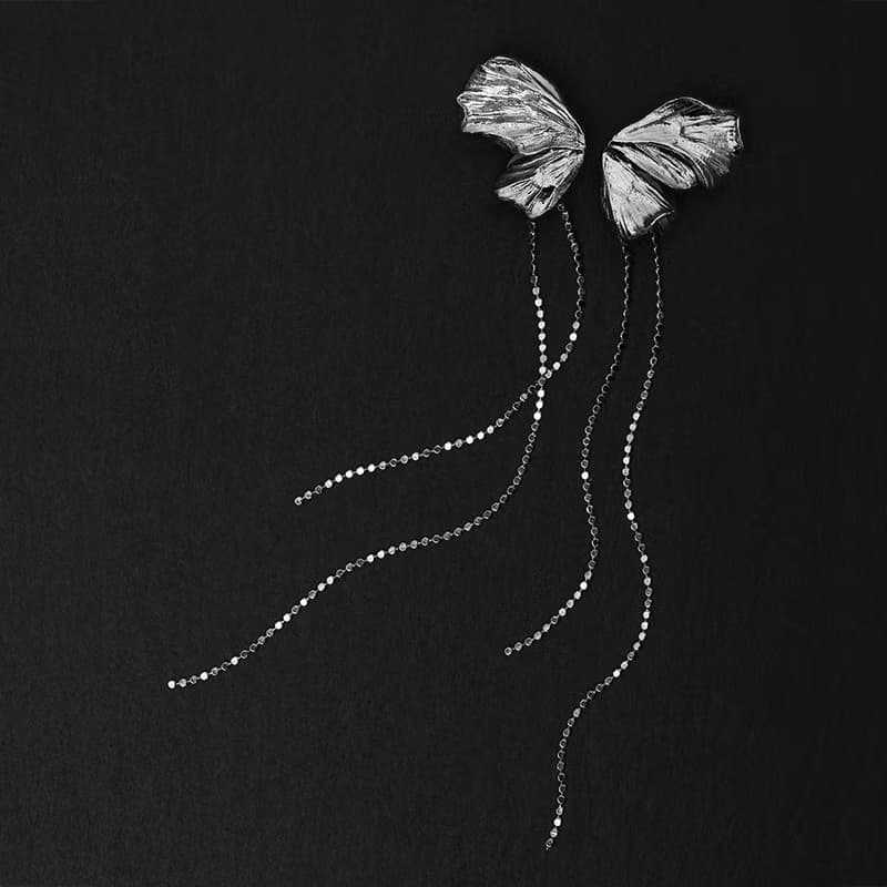冥想花園系列手工質感純銀鍍白金蝴蝶耳釘流蘇耳骨夾原創設計