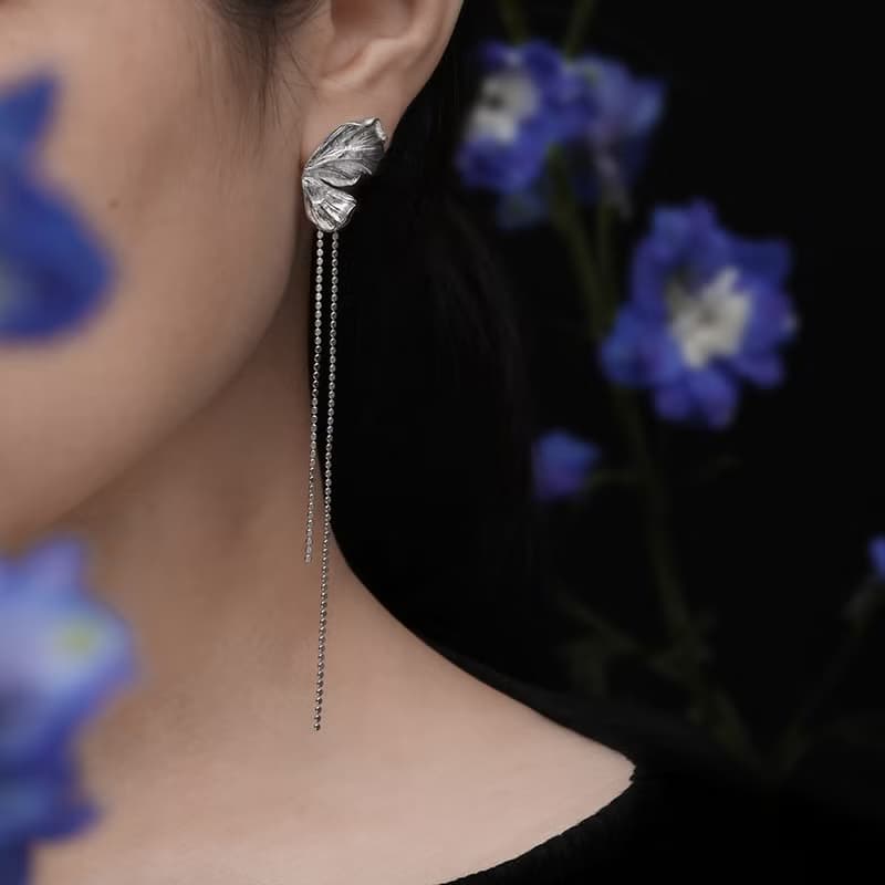冥想花園系列手工質感純銀鍍白金蝴蝶耳釘流蘇耳骨夾原創設計