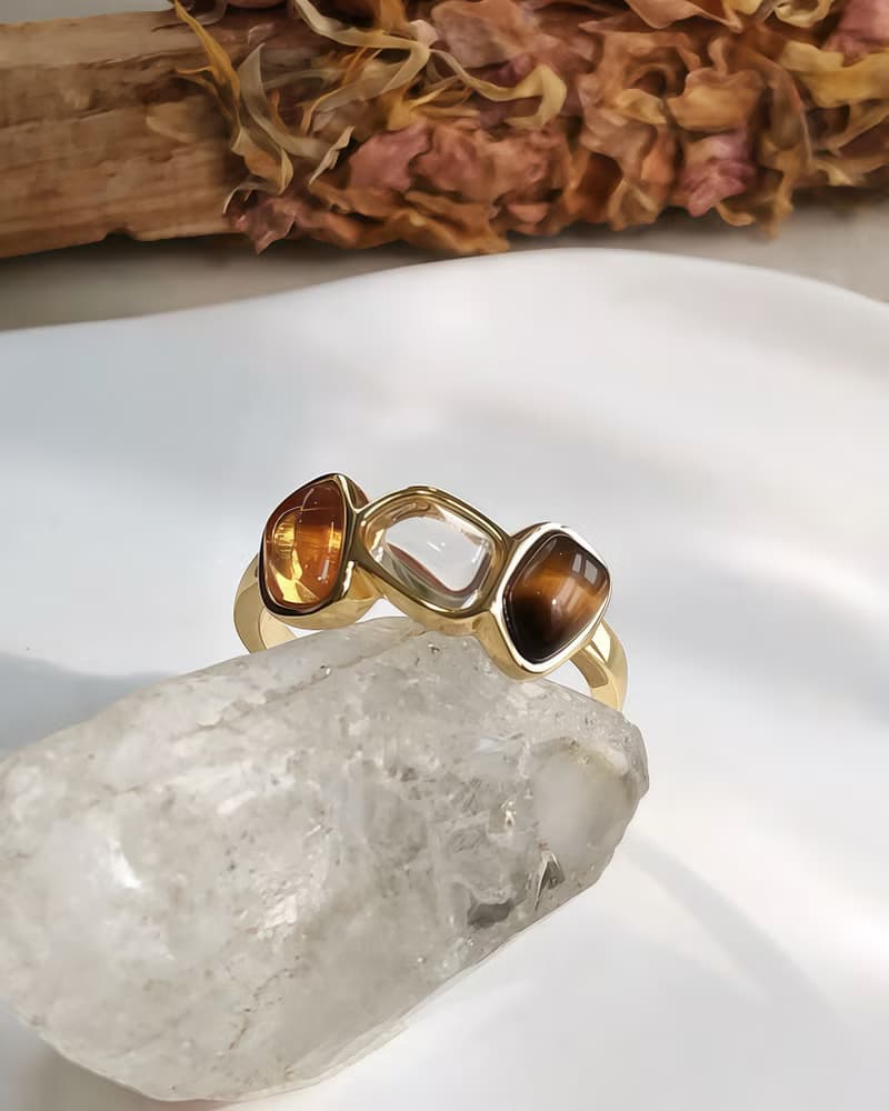 【虎眼石 白水晶 黃水晶】招財&事業穩定 戒指 | 925銀 天然水晶