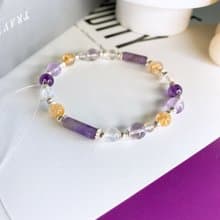 入夢 金髮晶 紫水晶 月光石 S925純銀招財水晶彈性手鍊