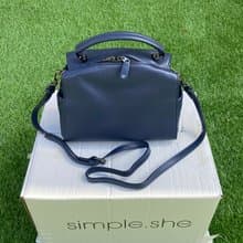 simple.she 真皮拉鍊小方包手提側揹包手袋 深藍色