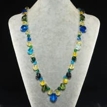 Long Glass Necklace Blue Teal Yellow Czech Glass Large Beaded Necklace Jewelry
