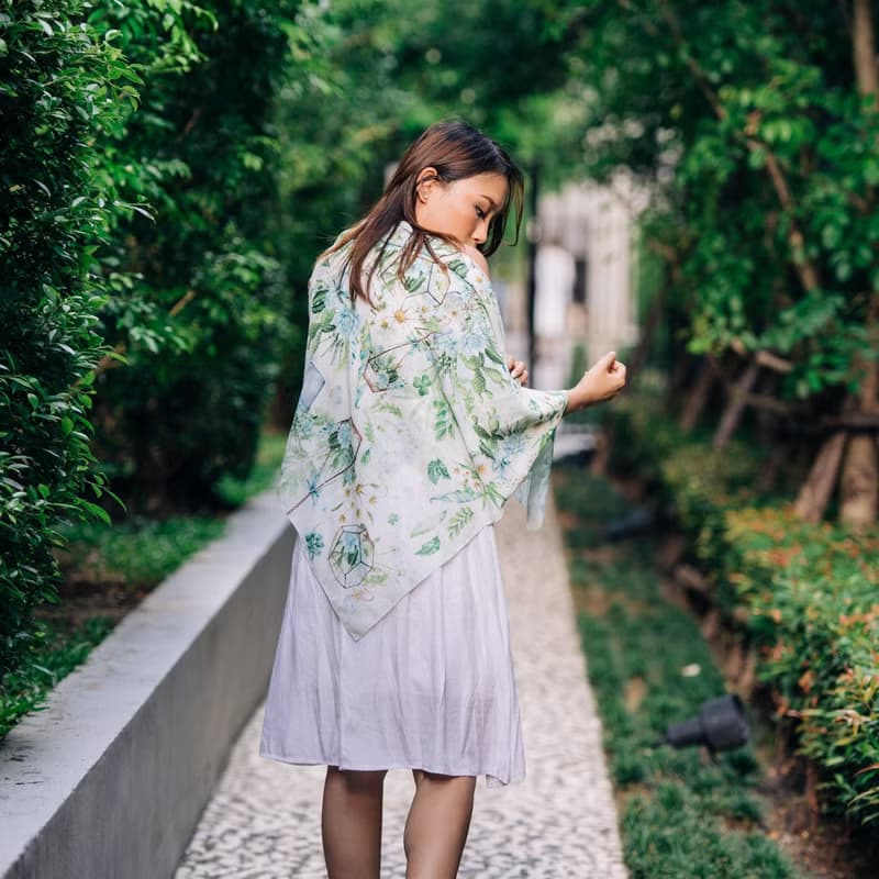 經典花集 - 小清新植物綠色絲巾 圍巾 clover succulents Scarf