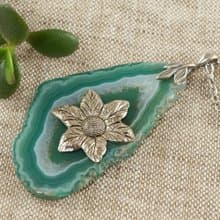 Mint Green Agate Slice Slab Silver Flower Floral Pendant Necklace Woman Jewelry