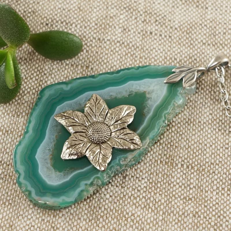 Mint Green Agate Slice Slab Silver Flower Floral Pendant Necklace Woman Jewelry