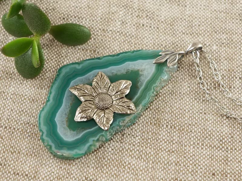 Mint Green Agate Slice Slab Silver Flower Floral Pendant Necklace Woman Jewelry