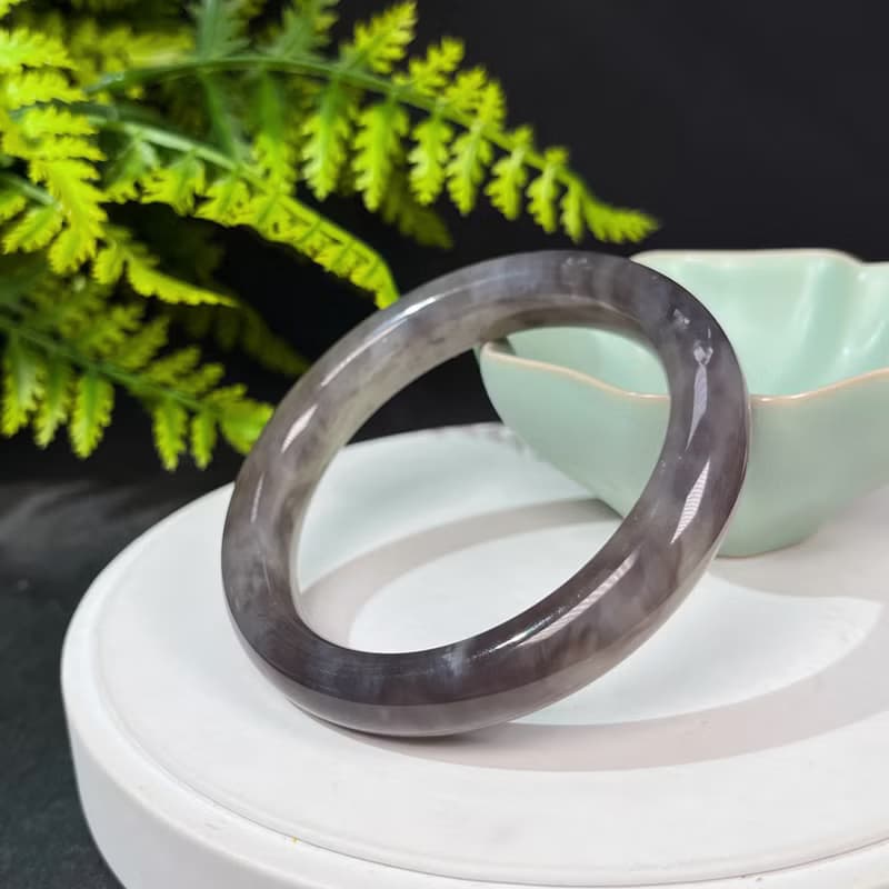 和田玉手鐲59MM 老料漸變煙紫玉手環 附證書 油潤細膩 厚實飽滿