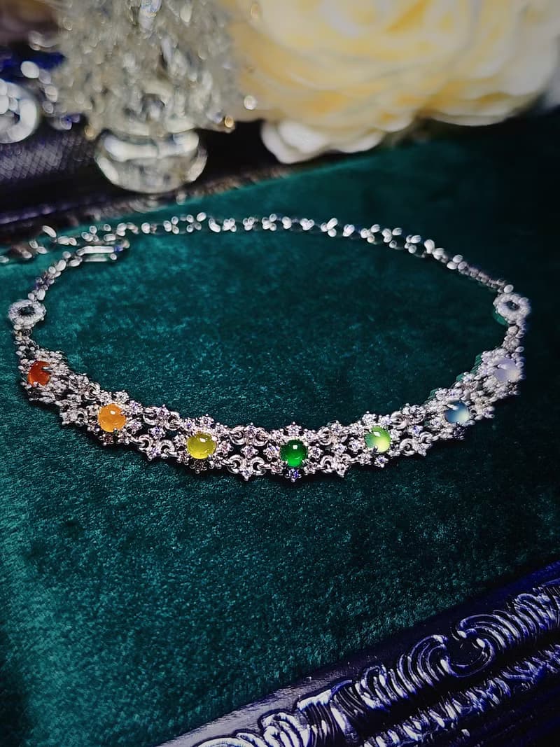 |宮廷蕾絲多寶|A貨翡翠冰玻多寶彩虹蛋面3.3mm純銀鍍18k蕾絲手鏈