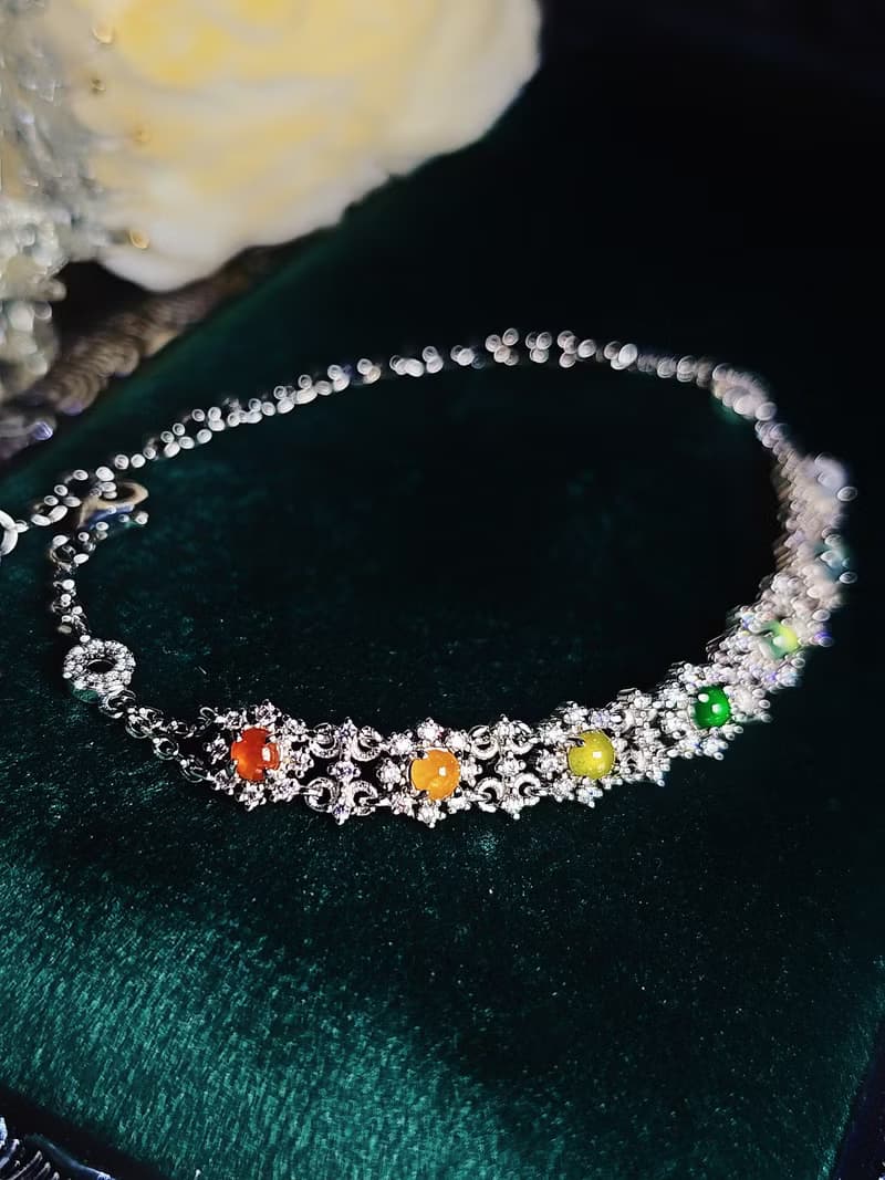 |宮廷蕾絲多寶|A貨翡翠冰玻多寶彩虹蛋面3.3mm純銀鍍18k蕾絲手鏈