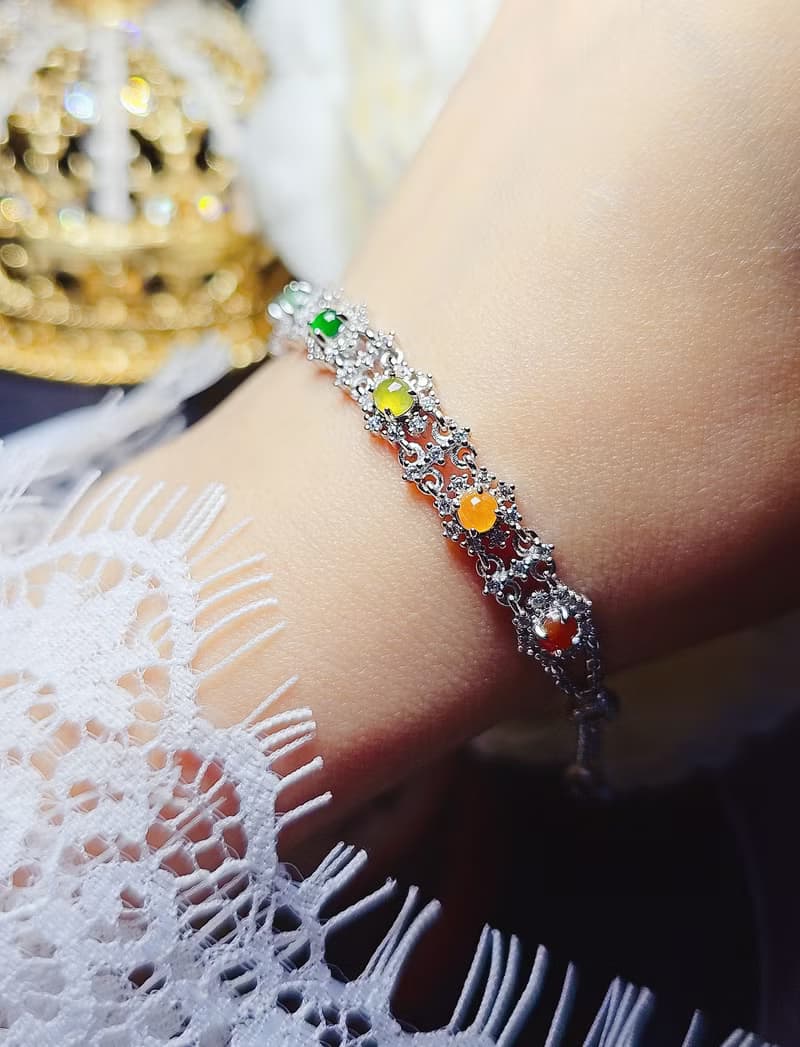 |宮廷蕾絲多寶|A貨翡翠冰玻多寶彩虹蛋面3.3mm純銀鍍18k蕾絲手鏈