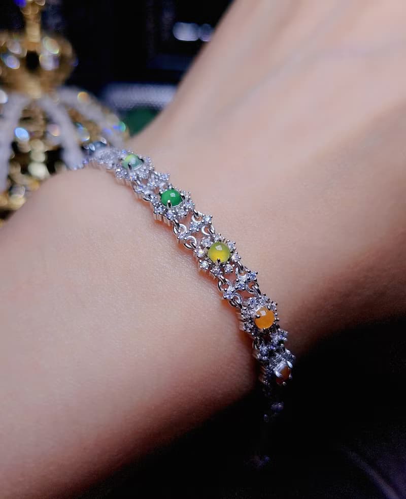 |宮廷蕾絲多寶|A貨翡翠冰玻多寶彩虹蛋面3.3mm純銀鍍18k蕾絲手鏈