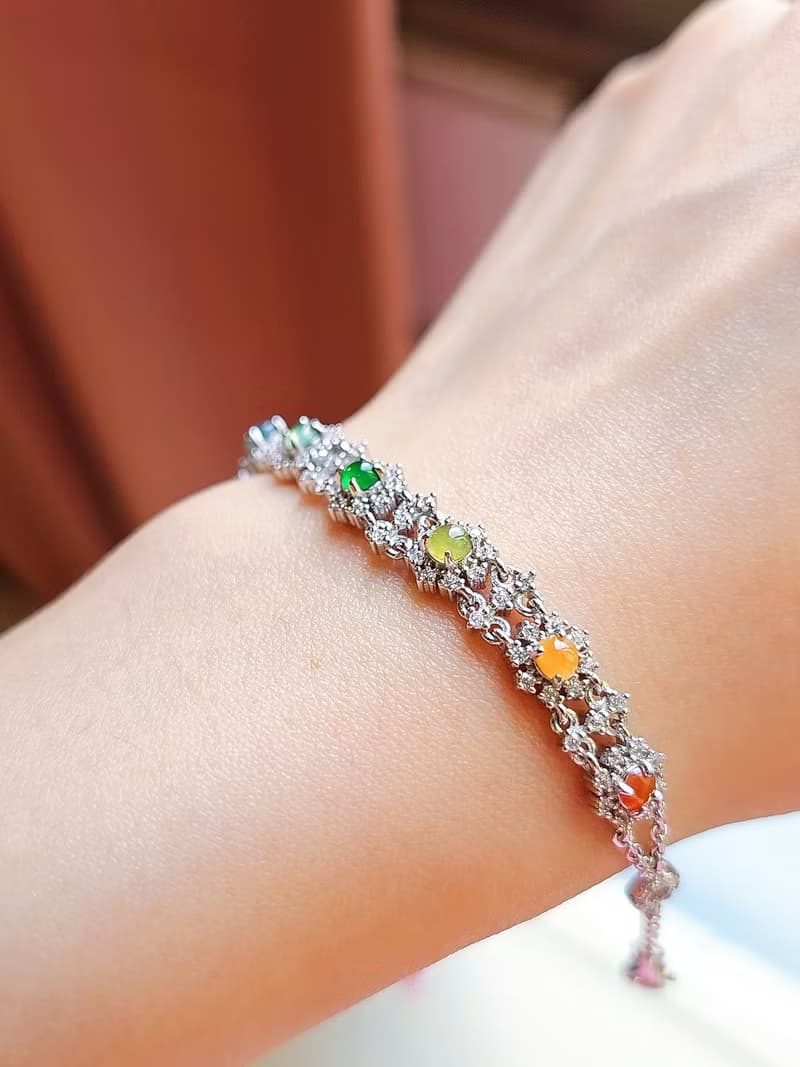 |宮廷蕾絲多寶|A貨翡翠冰玻多寶彩虹蛋面3.3mm純銀鍍18k蕾絲手鏈