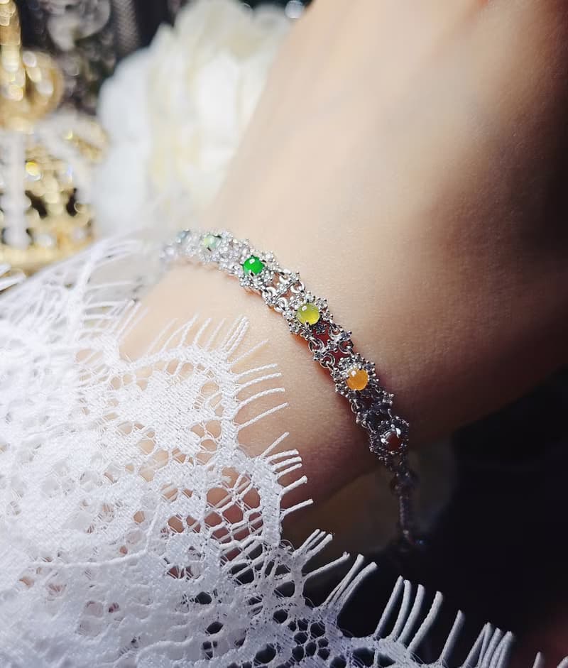 |宮廷蕾絲多寶|A貨翡翠冰玻多寶彩虹蛋面3.3mm純銀鍍18k蕾絲手鏈