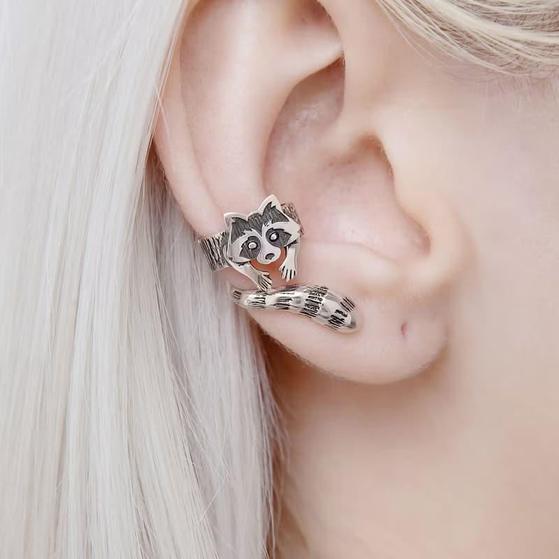 Raccoon ear cuff silver no piercing, raccoon earring