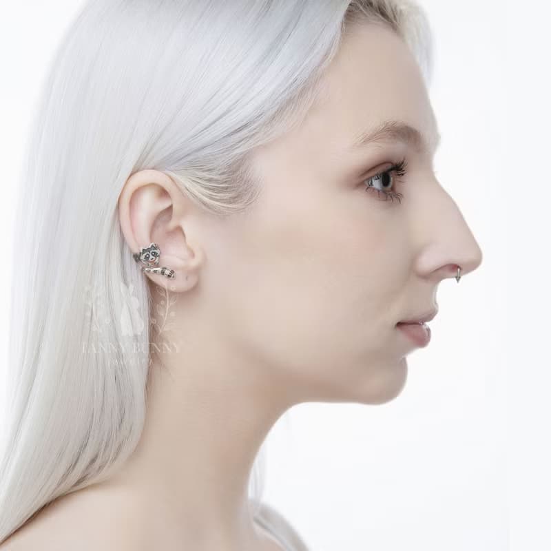Raccoon ear cuff silver no piercing, raccoon earring