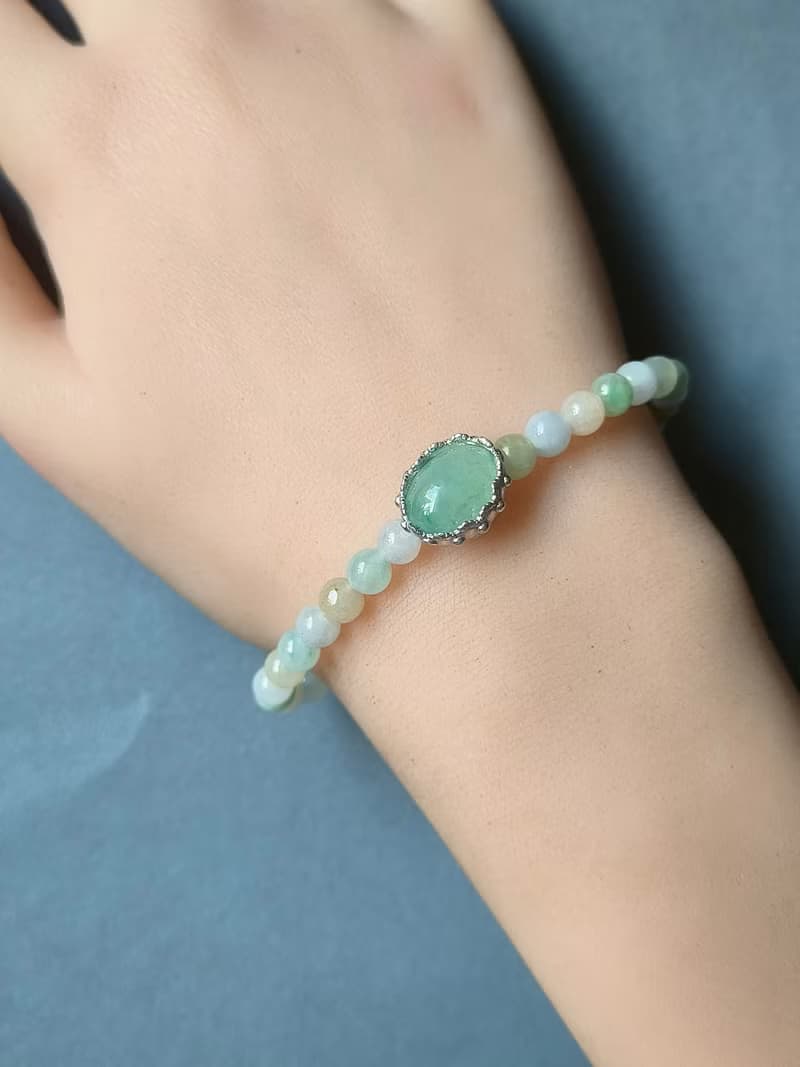 緬甸天然蛋面果綠冰種翡翠 冰種多寶珠 手作唯一手鍊