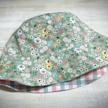 小白熊 粉嫩小花花 粉綠色格紋雙面漁夫帽 遮陽帽