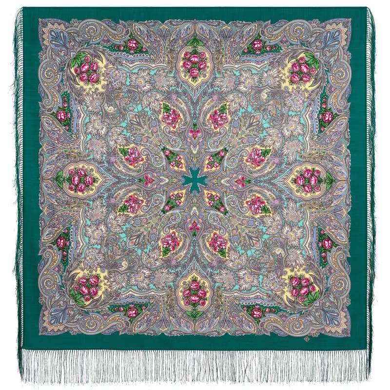 Pavlovo Posad Russian Shawl 100% Wool Scarf 125x125 cm Wrap Silk Fringe 2007-12