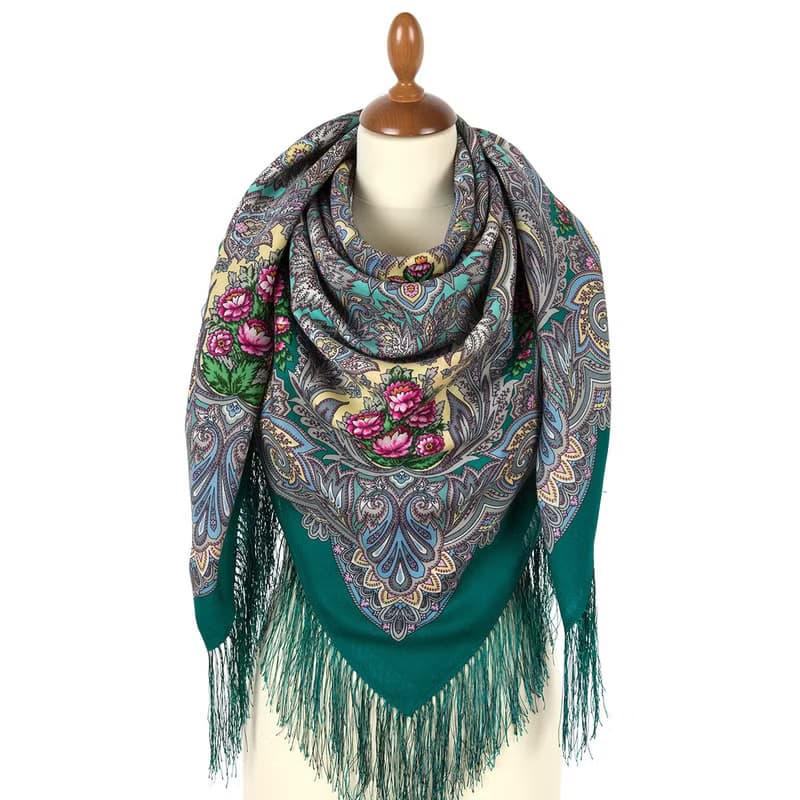 Pavlovo Posad Russian Shawl 100% Wool Scarf 125x125 cm Wrap Silk Fringe 2007-12