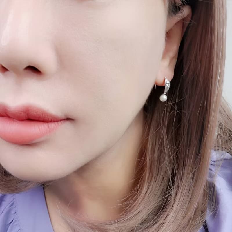 海藻珍珠耳勾 純銀紋理不對稱耳環