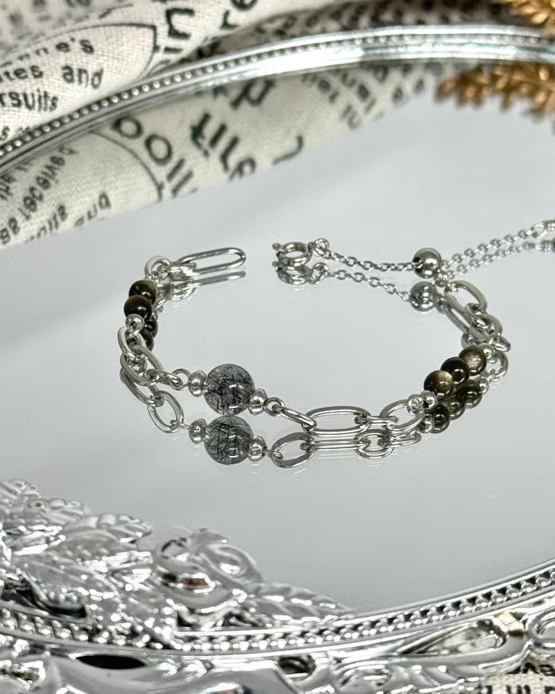 浪漫黑騎士水晶設計手鍊 - 醫療鋼/黑髮晶/金曜石