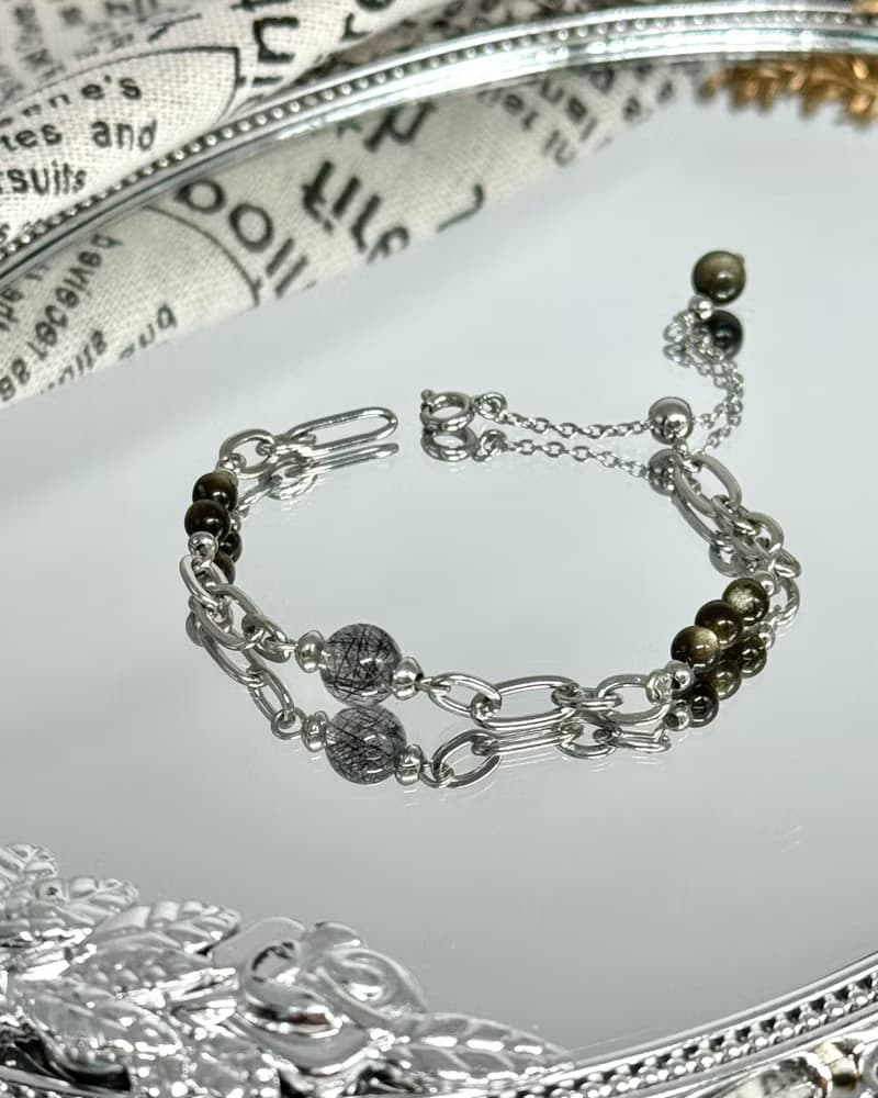 浪漫黑騎士水晶設計手鍊 - 醫療鋼/黑髮晶/金曜石