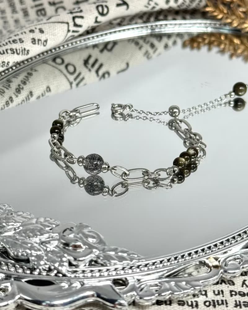 浪漫黑騎士水晶設計手鍊 - 醫療鋼/黑髮晶/金曜石