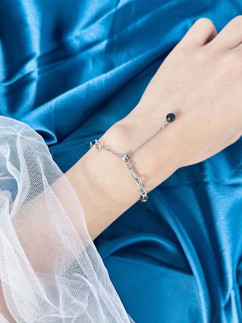 浪漫黑騎士水晶設計手鍊 - 醫療鋼/黑髮晶/金曜石