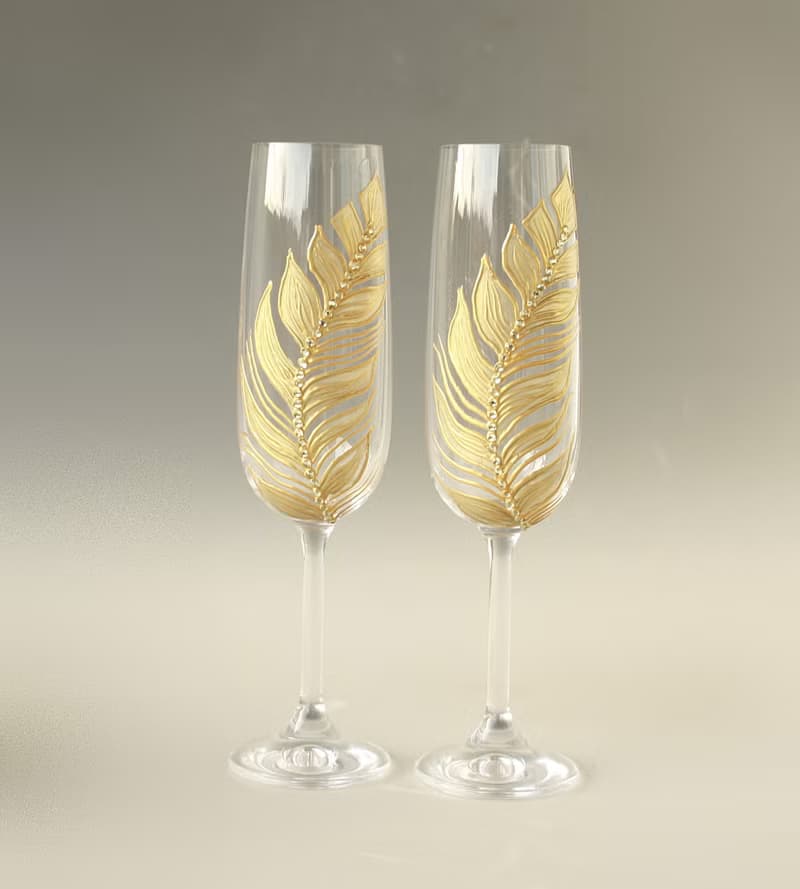 Gold Feather Champagne Glasses Wedding Anniversary, set of 2 Hand-painted