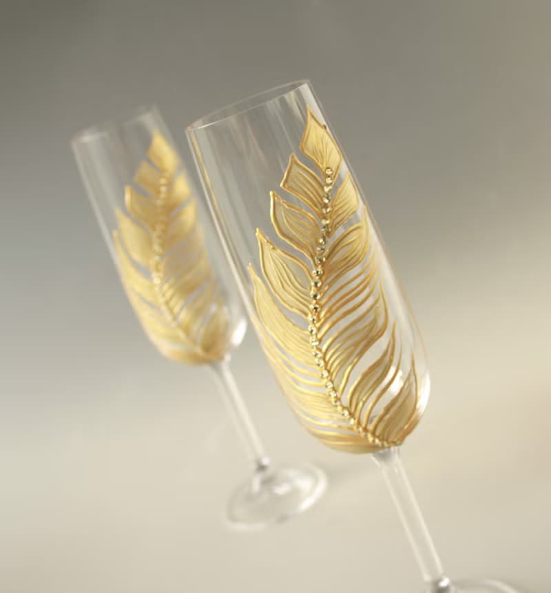 Gold Feather Champagne Glasses Wedding Anniversary, set of 2 Hand-painted