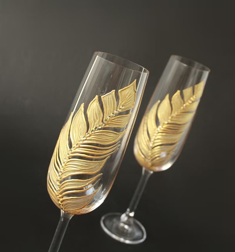 Gold Feather Champagne Glasses Wedding Anniversary, set of 2 Hand-painted