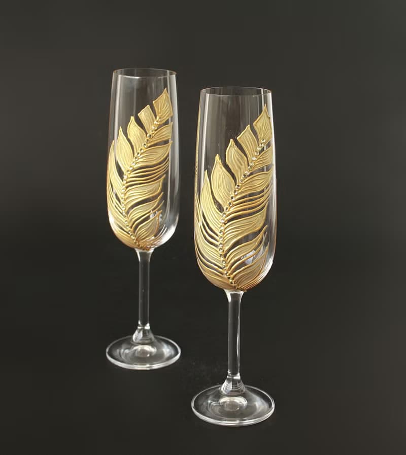 Gold Feather Champagne Glasses Wedding Anniversary, set of 2 Hand-painted