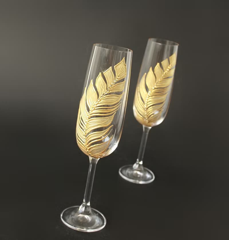Gold Feather Champagne Glasses Wedding Anniversary, set of 2 Hand-painted