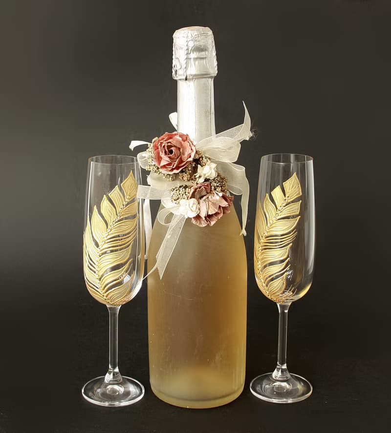 Gold Feather Champagne Glasses Wedding Anniversary, set of 2 Hand-painted