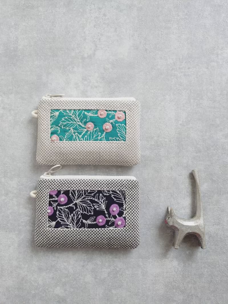 現貨!【FWL/雙層小錢包】果實與葉 日本刺繡布 刺子布 擬真珍珠