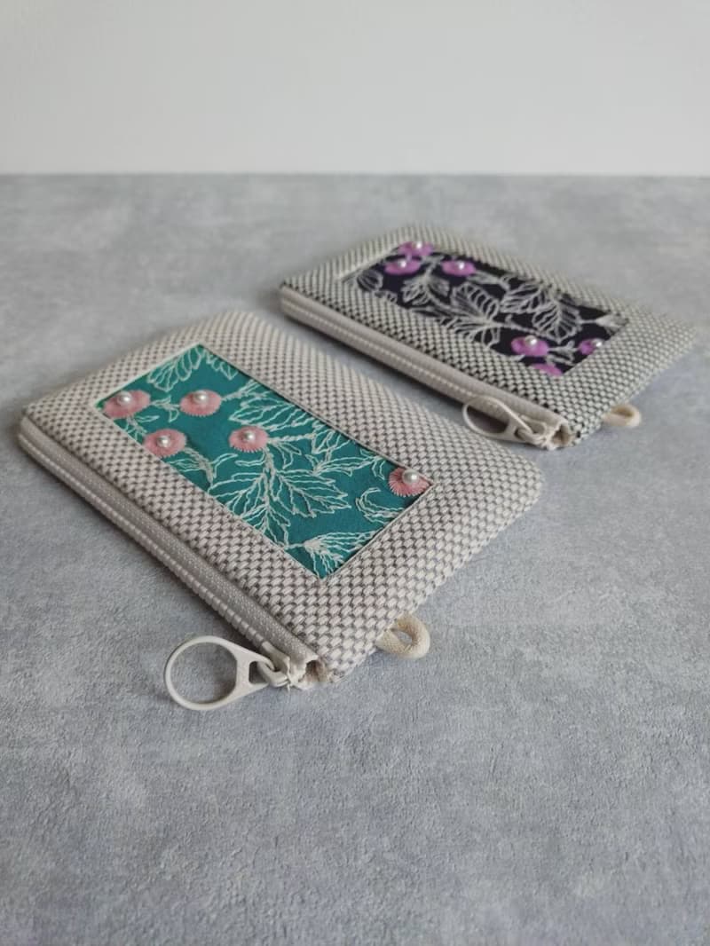 現貨!【FWL/雙層小錢包】果實與葉 日本刺繡布 刺子布 擬真珍珠