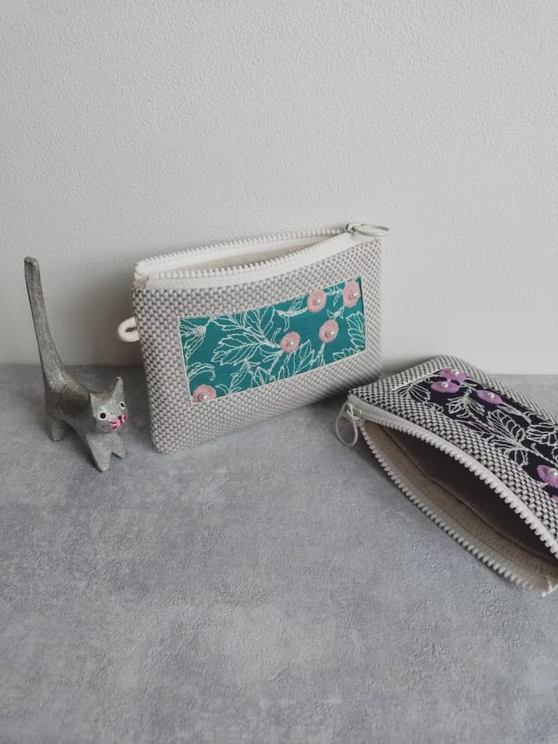 現貨!【FWL/雙層小錢包】果實與葉 日本刺繡布 刺子布 擬真珍珠