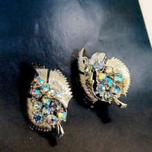 vintage jewelry 古董亮銀葉形極光萊茵 夾式耳環