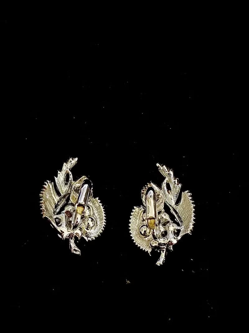 vintage jewelry 古董亮銀葉形極光萊茵 夾式耳環