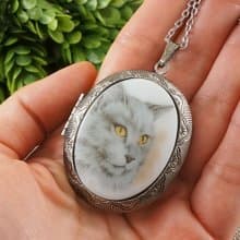 Gray White Cat Photo Locket Yellow Gray Fluffy Kitten Pendant Necklace Jewelry