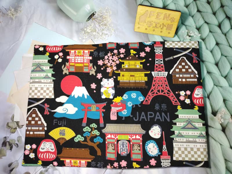 和風系列-厚棉日本風格富士山招財貓布書套-布書衣可適用A5-25K