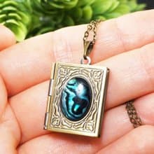 Abalone Paua Rectangle Book Locket Teal Blue Turquoise Pendant Necklace Jewelry