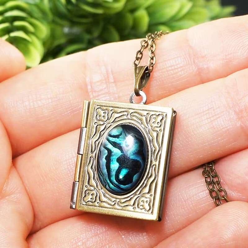 Abalone Paua Rectangle Book Locket Teal Blue Turquoise Pendant Necklace Jewelry