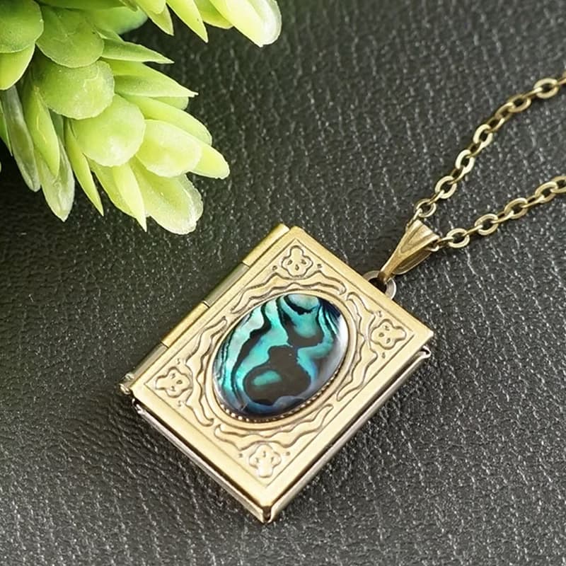 Abalone Paua Rectangle Book Locket Teal Blue Turquoise Pendant Necklace Jewelry