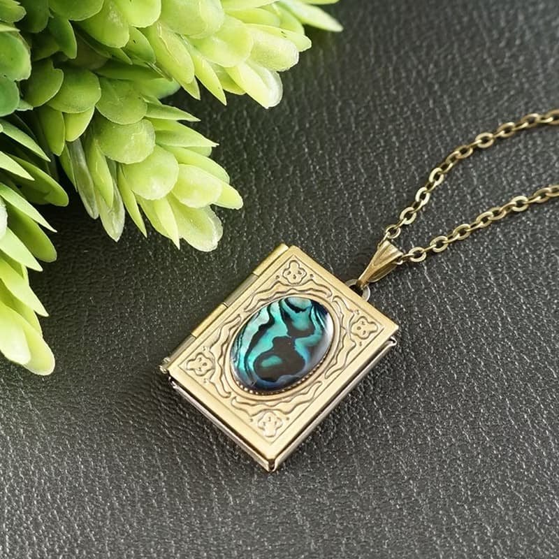 Abalone Paua Rectangle Book Locket Teal Blue Turquoise Pendant Necklace Jewelry